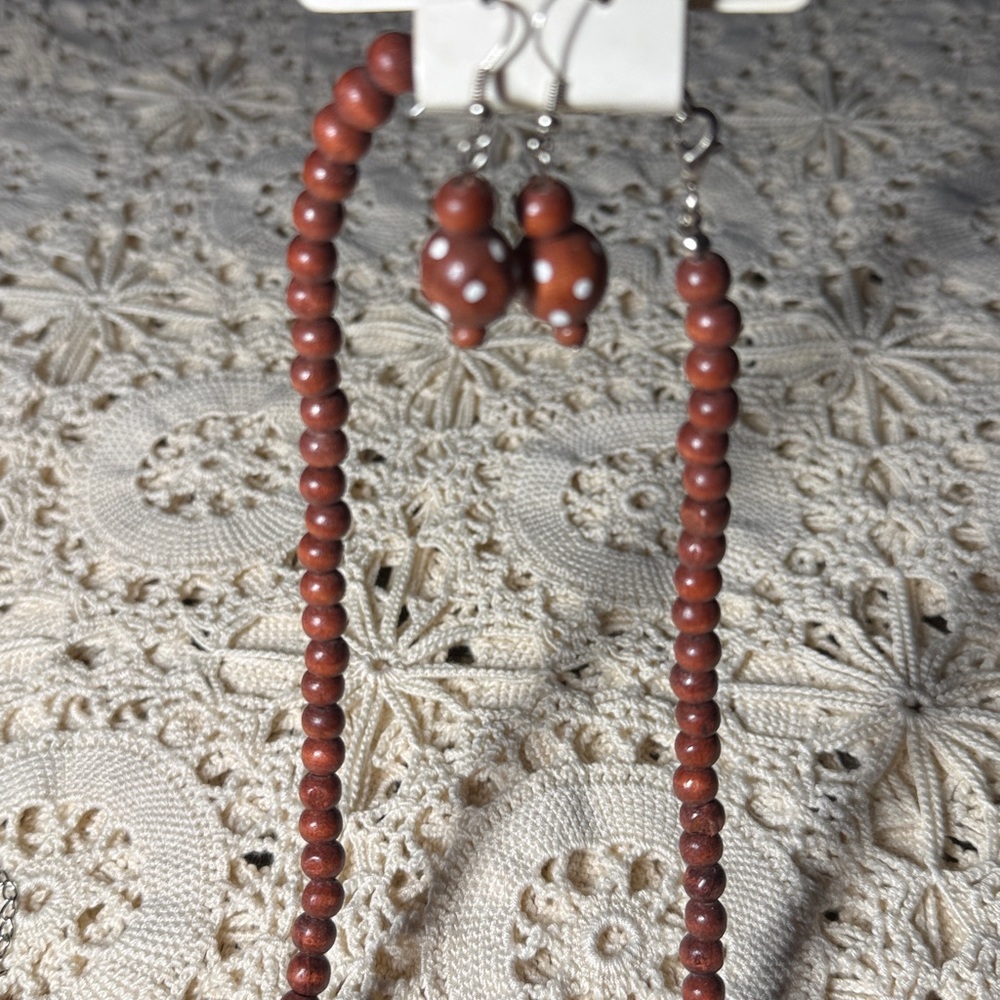 Brown Wooden Beaded Necklace and earring set